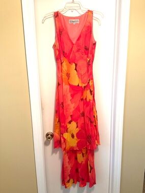 Geary Roark Kamisato Floral High-Low V-Neck Maxi Dress in Pink & Yellow